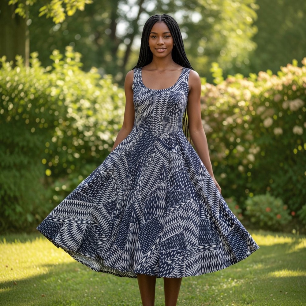 Grace Elements Cotton Geometric Fit&Flare Midi Dress Navy White Smocked Waist M